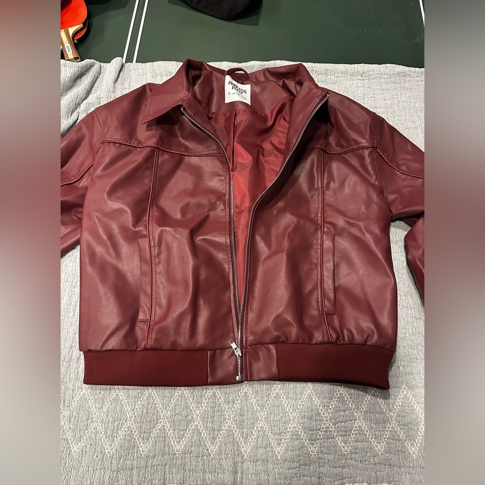 Princess Polly Burgundy Faux Leather Jacket | Bomber Moto Style